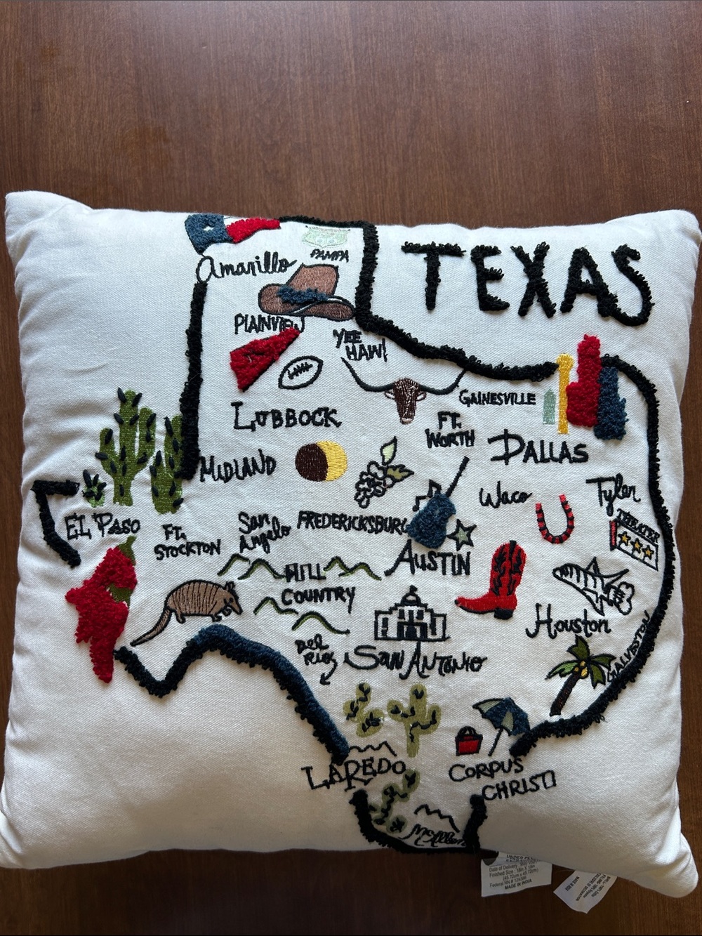 Texas Map Embroidered Throw Pillow - White
